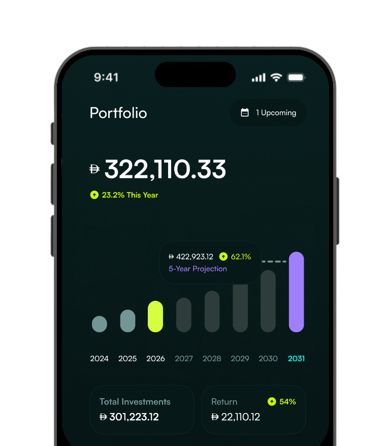 Tribe app portfolio screen showing investment performance and projections